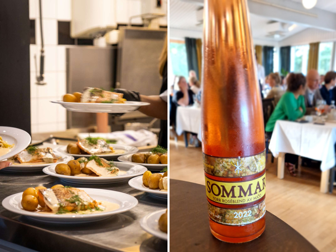 Dryck och fin mat med potatis och lax upplagd på tallrikar